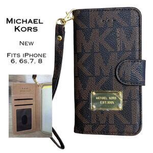 Michael Kors iPhone Case Wristlet Wallet Black Tan Monogram Folio 6 6s 7 8 NEW